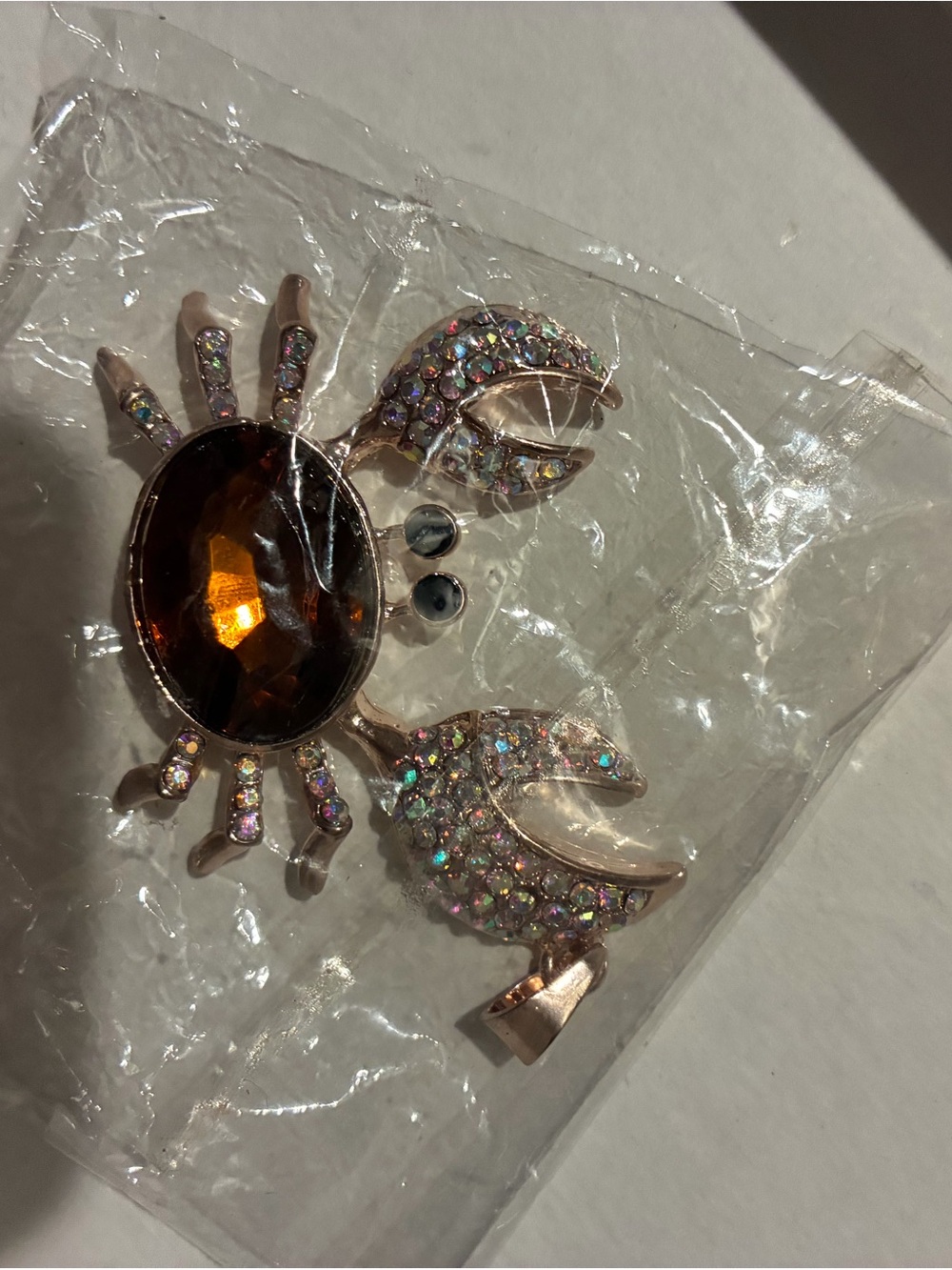 Rose Gold Crab Brooch with Amber Center and Aurora Rhinestones